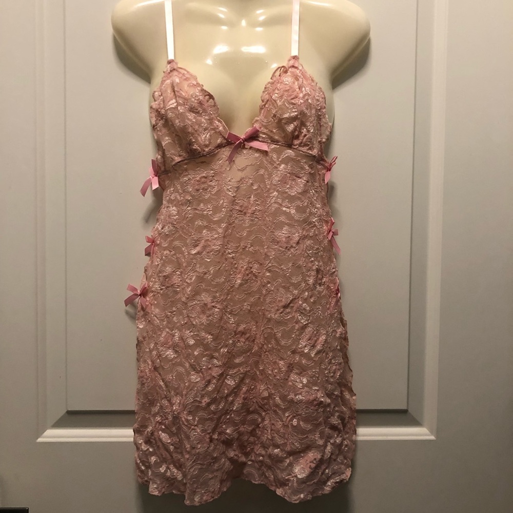 Set Of 2 Pink Lace Floral Chemise Bows Babydoll Slip Thong Small S